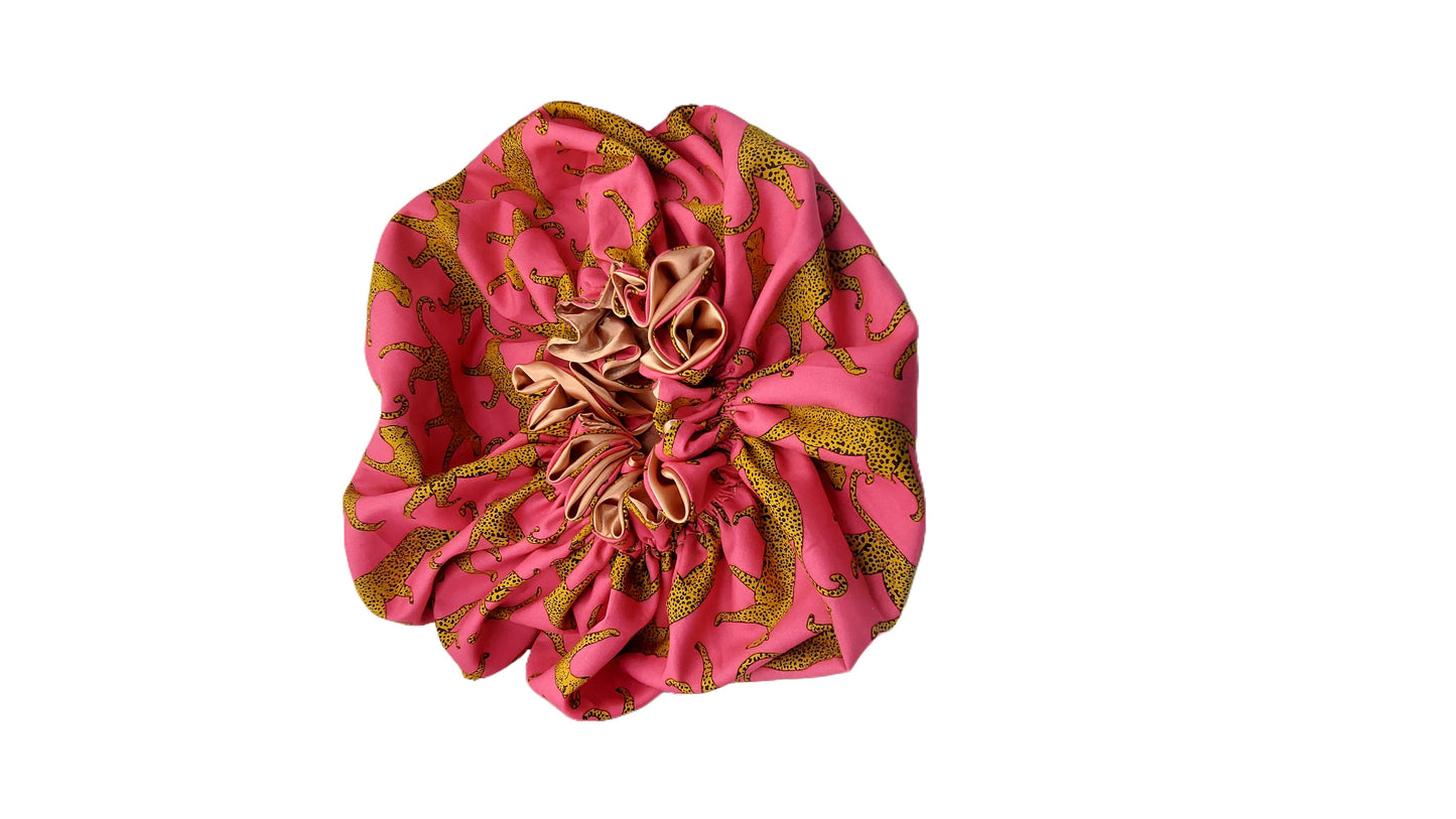 Handmade Satin Hair Bonnet – No Straps, Pink Leopard