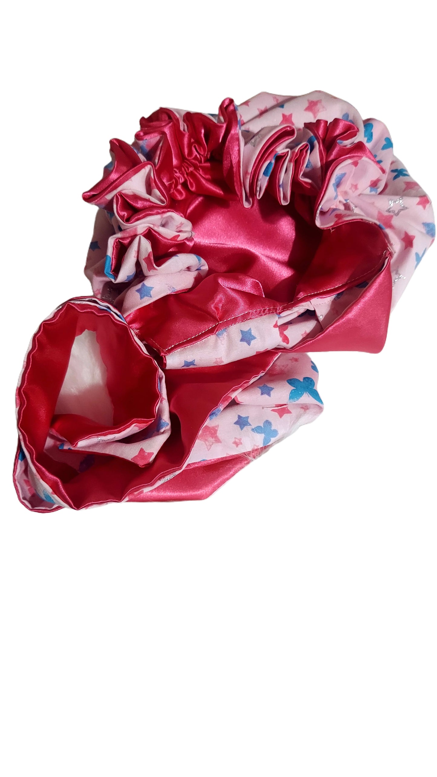 Handmade Satin Hair Bonnet with Straps – Pink Stars